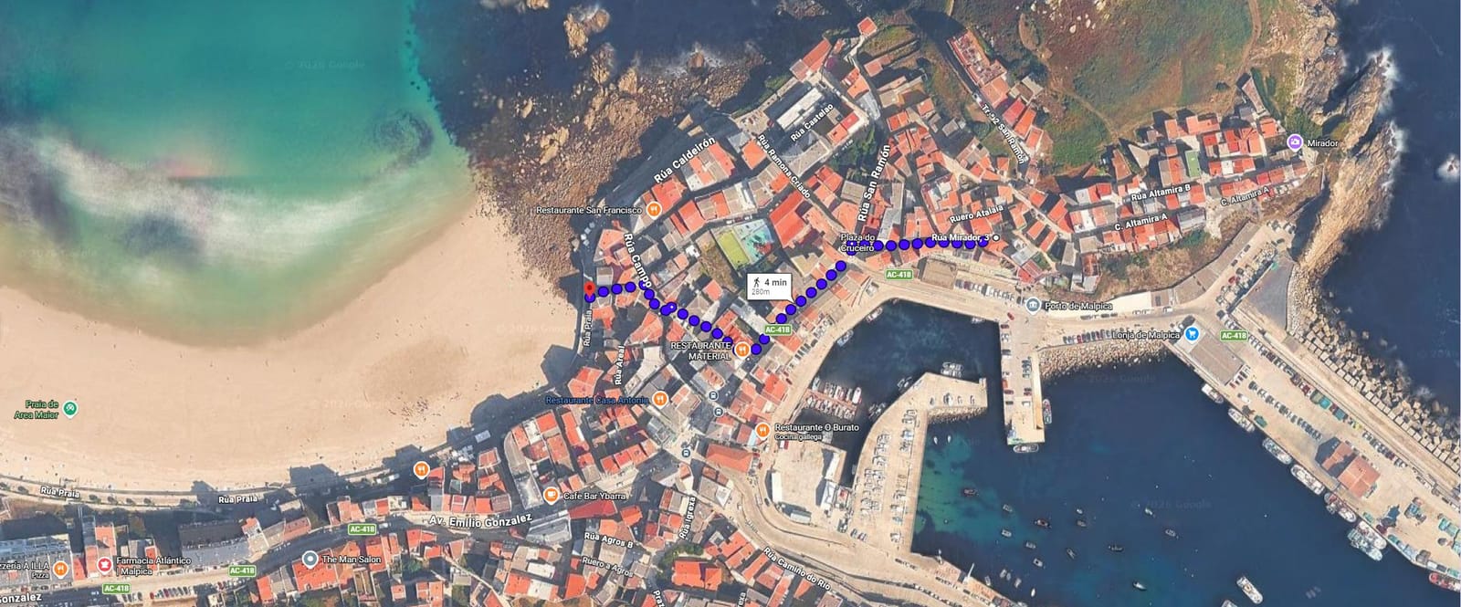 Mapa del camino a la playa y puerto